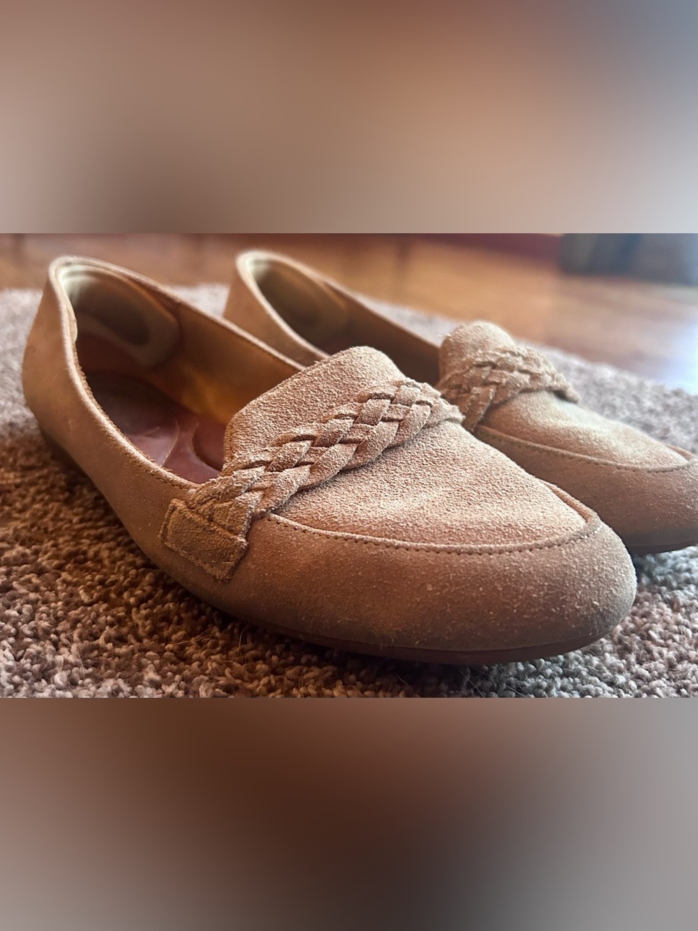 Women's Size 6.5 Suede Braided Taupe Office Penny Loafers - Picture 3 of 7